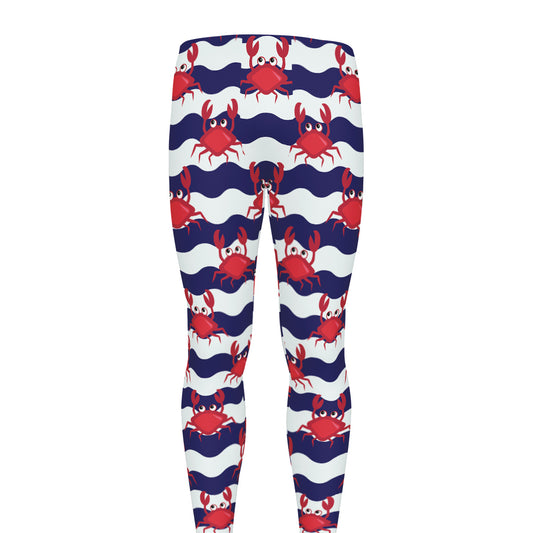 Blue And White Wave Crab Pattern Print Men's leggings