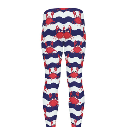 Blue And White Wave Crab Pattern Print Men's leggings