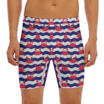 Blue And White Wave Crab Pattern Print Men's Long Boxer Briefs