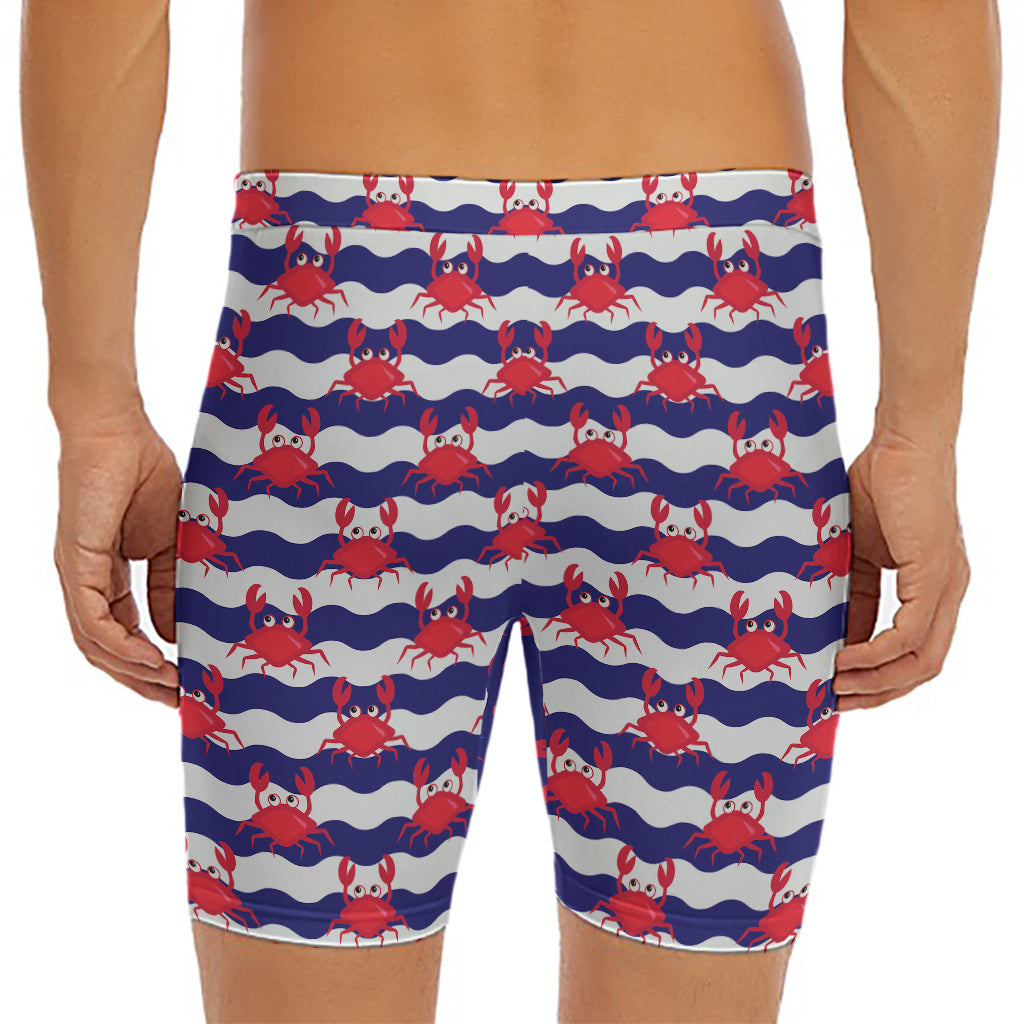Blue And White Wave Crab Pattern Print Men's Long Boxer Briefs