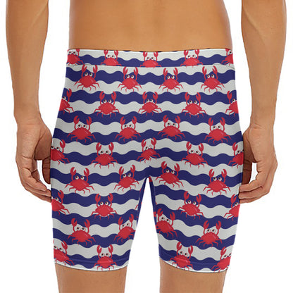 Blue And White Wave Crab Pattern Print Men's Long Boxer Briefs