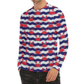 Blue And White Wave Crab Pattern Print Men's Long Sleeve Rash Guard