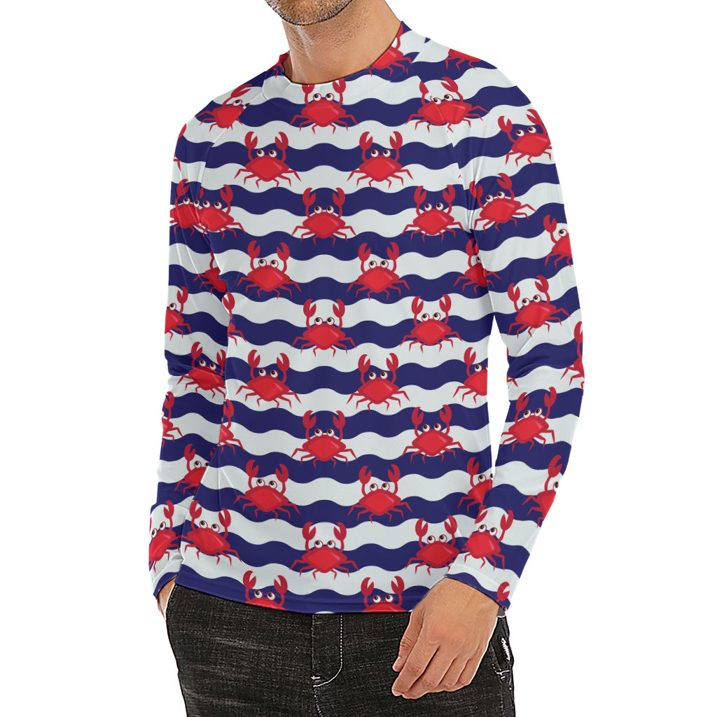 Blue And White Wave Crab Pattern Print Men's Long Sleeve Rash Guard