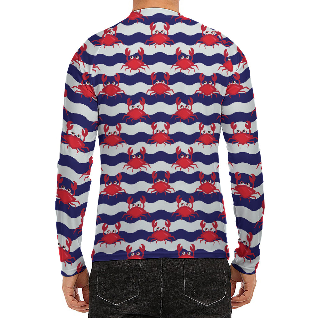 Blue And White Wave Crab Pattern Print Men's Long Sleeve Rash Guard