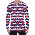 Blue And White Wave Crab Pattern Print Men's Long Sleeve T-Shirt