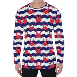 Blue And White Wave Crab Pattern Print Men's Long Sleeve T-Shirt
