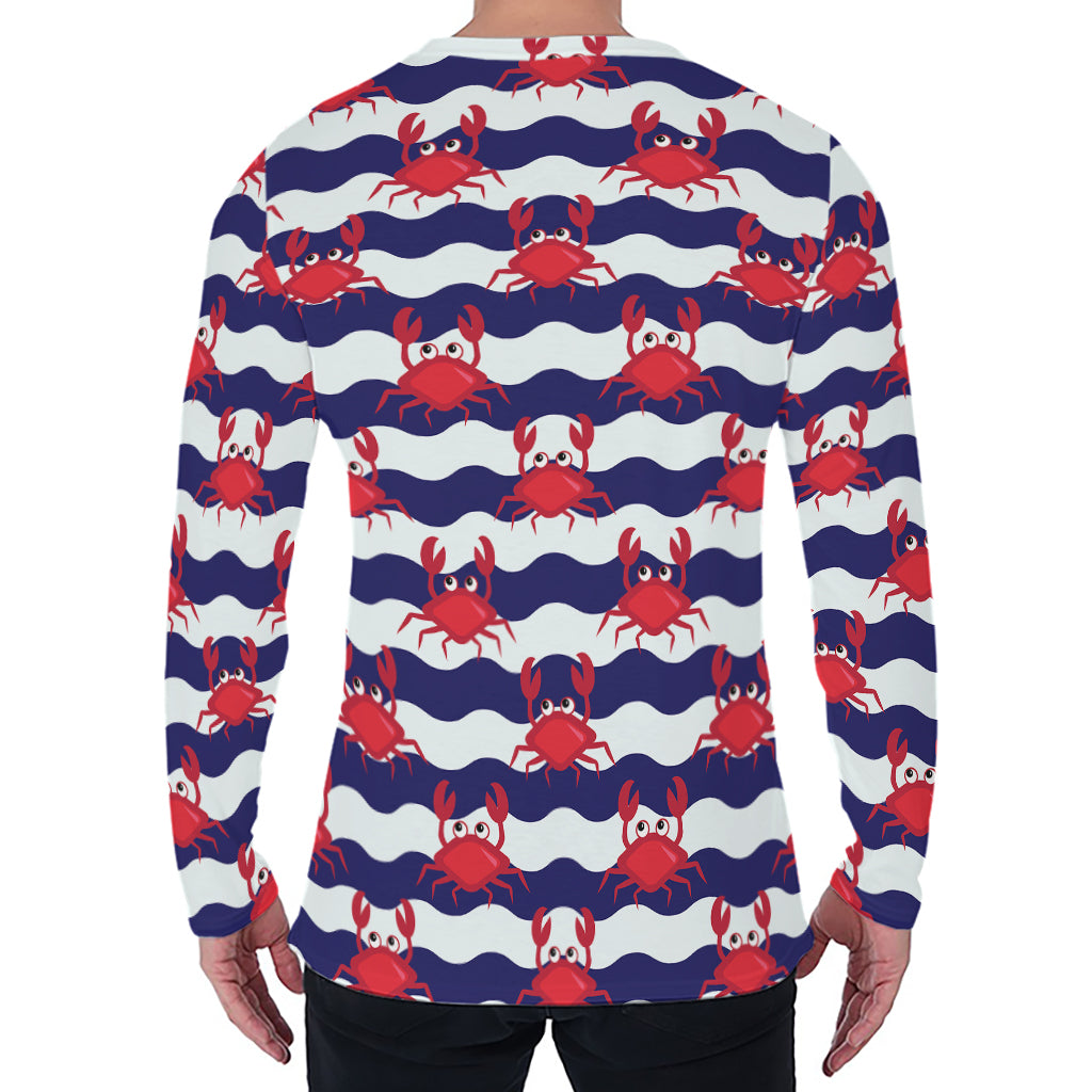 Blue And White Wave Crab Pattern Print Men's Long Sleeve T-Shirt