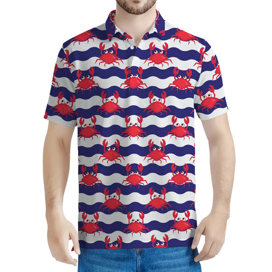 Blue And White Wave Crab Pattern Print Men's Polo Shirt