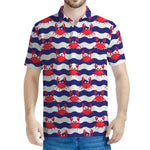 Blue And White Wave Crab Pattern Print Men's Polo Shirt
