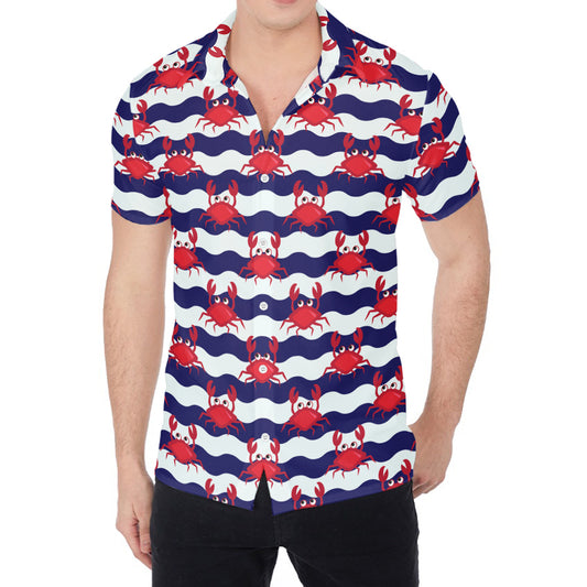 Blue And White Wave Crab Pattern Print Men's Shirt