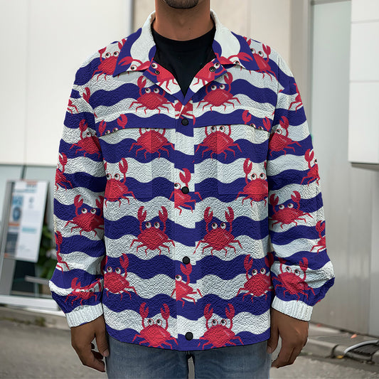 Blue And White Wave Crab Pattern Print Men's Shirt Jacket