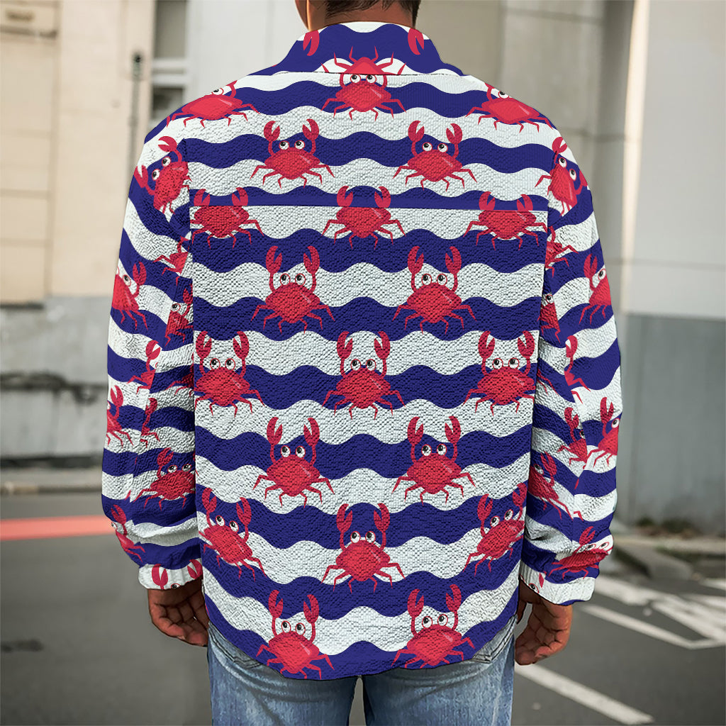 Blue And White Wave Crab Pattern Print Men's Shirt Jacket