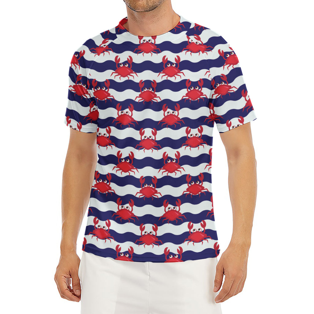 Blue And White Wave Crab Pattern Print Men's Short Sleeve Rash Guard