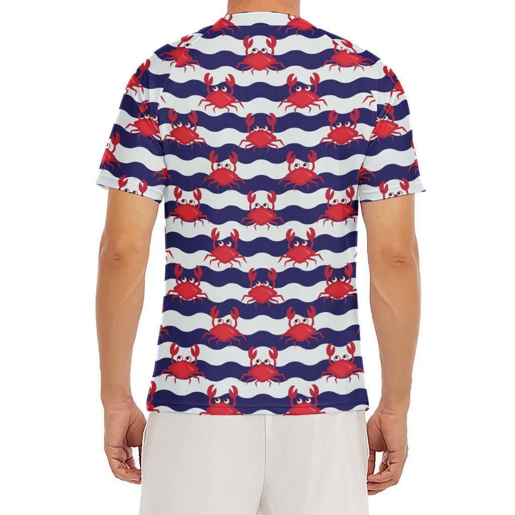 Blue And White Wave Crab Pattern Print Men's Short Sleeve Rash Guard