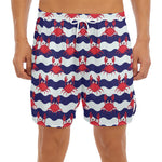 Blue And White Wave Crab Pattern Print Men's Split Running Shorts