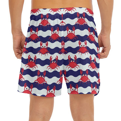 Blue And White Wave Crab Pattern Print Men's Split Running Shorts