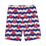 Blue And White Wave Crab Pattern Print Men's Sports Shorts