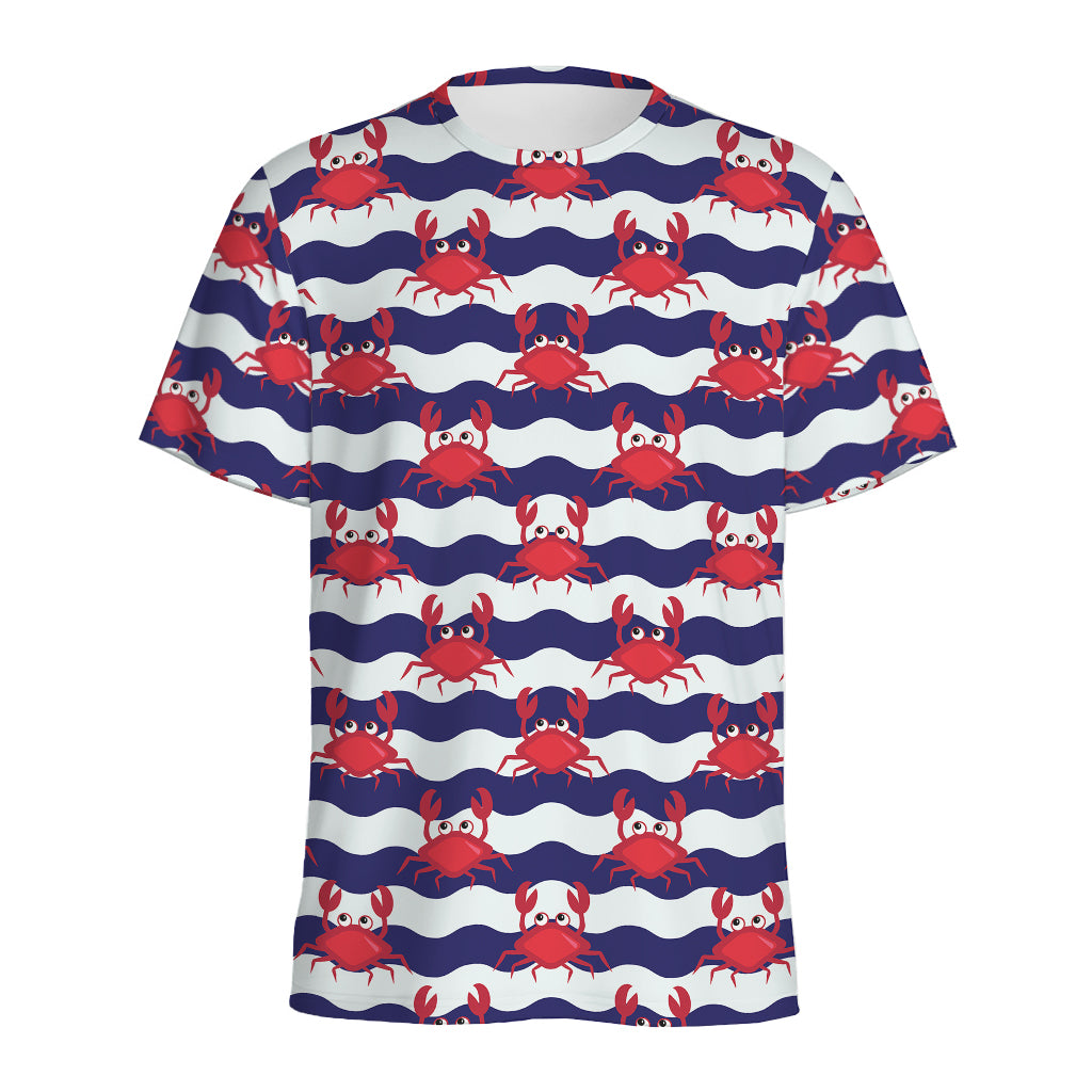Blue And White Wave Crab Pattern Print Men's Sports T-Shirt