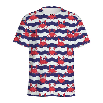 Blue And White Wave Crab Pattern Print Men's Sports T-Shirt