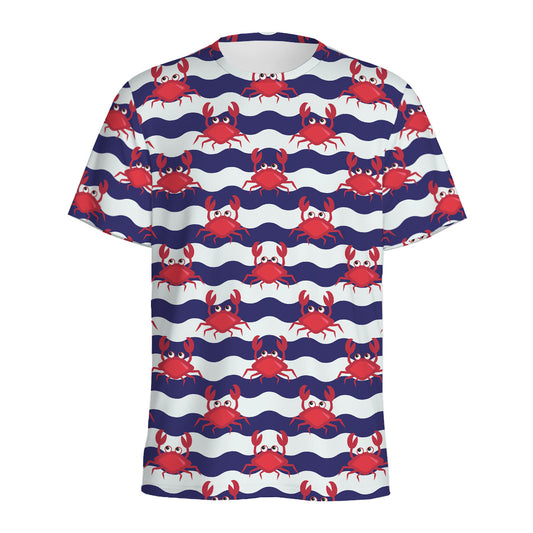 Blue And White Wave Crab Pattern Print Men's Sports T-Shirt