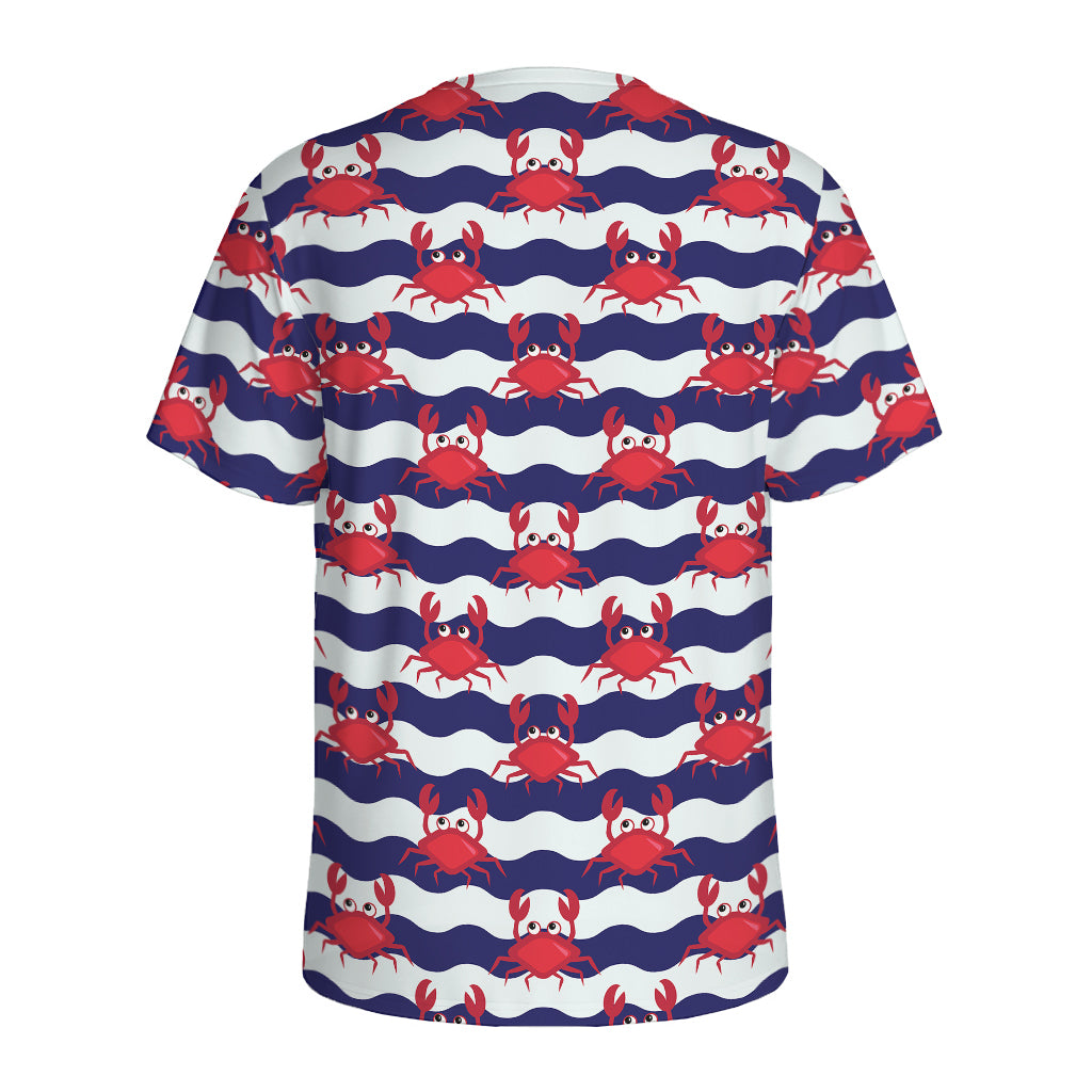 Blue And White Wave Crab Pattern Print Men's Sports T-Shirt