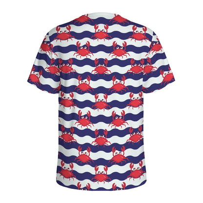 Blue And White Wave Crab Pattern Print Men's Sports T-Shirt