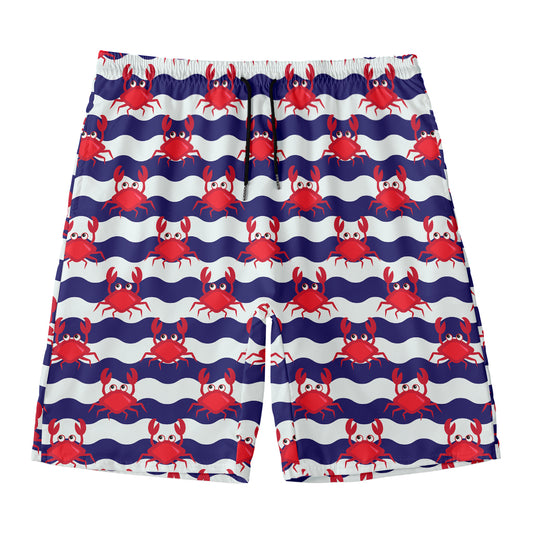 Blue And White Wave Crab Pattern Print Men's Swim Trunks