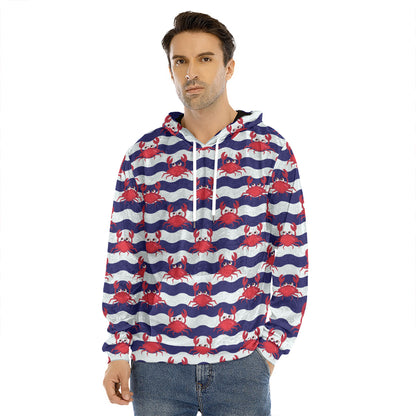 Blue And White Wave Crab Pattern Print Men's Velvet Pullover Hoodie