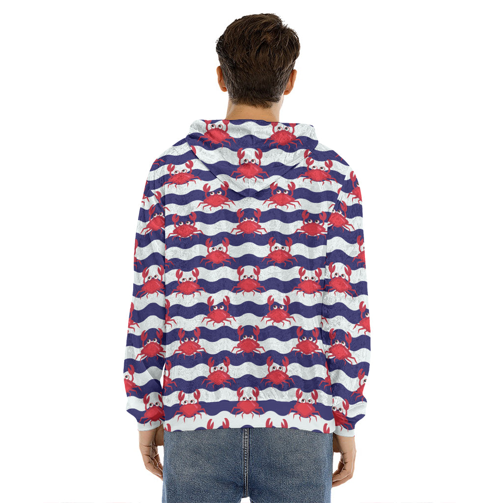 Blue And White Wave Crab Pattern Print Men's Velvet Pullover Hoodie