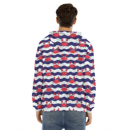 Blue And White Wave Crab Pattern Print Men's Velvet Pullover Hoodie