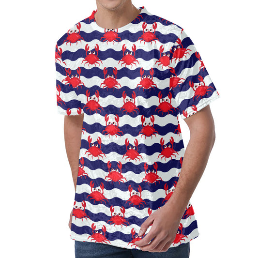 Blue And White Wave Crab Pattern Print Men's Velvet T-Shirt