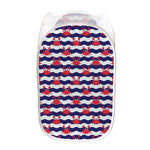 Blue And White Wave Crab Pattern Print Mesh Laundry Hamper