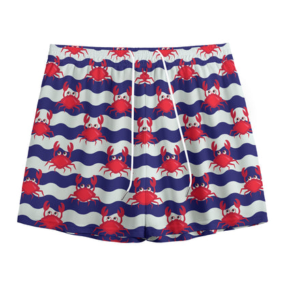 Blue And White Wave Crab Pattern Print Mesh Shorts