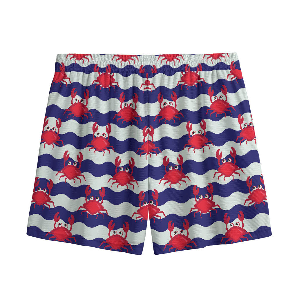 Blue And White Wave Crab Pattern Print Mesh Shorts