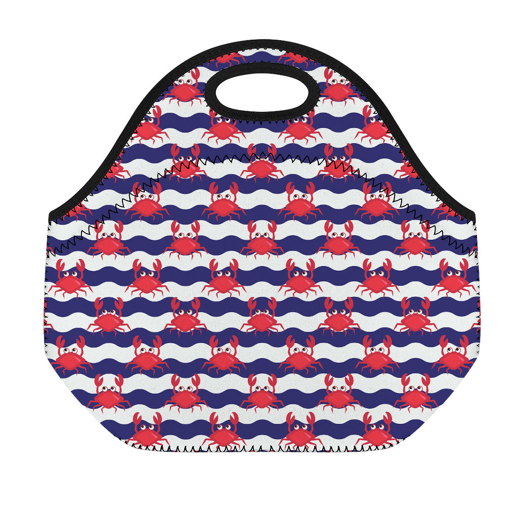 Blue And White Wave Crab Pattern Print Neoprene Lunch Bag