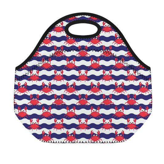 Blue And White Wave Crab Pattern Print Neoprene Lunch Bag