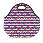 Blue And White Wave Crab Pattern Print Neoprene Lunch Bag
