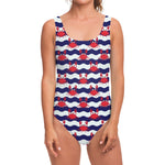 Blue And White Wave Crab Pattern Print One Piece Swimsuit