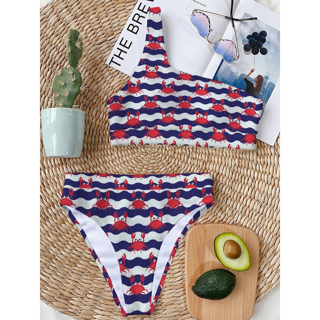 Blue And White Wave Crab Pattern Print One Shoulder Bikini Top