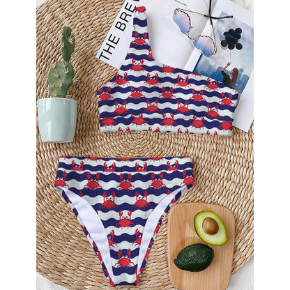 Blue And White Wave Crab Pattern Print One Shoulder Bikini Top