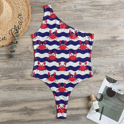 Blue And White Wave Crab Pattern Print One Shoulder Bodysuit