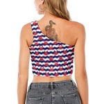 Blue And White Wave Crab Pattern Print One Shoulder Crop Top