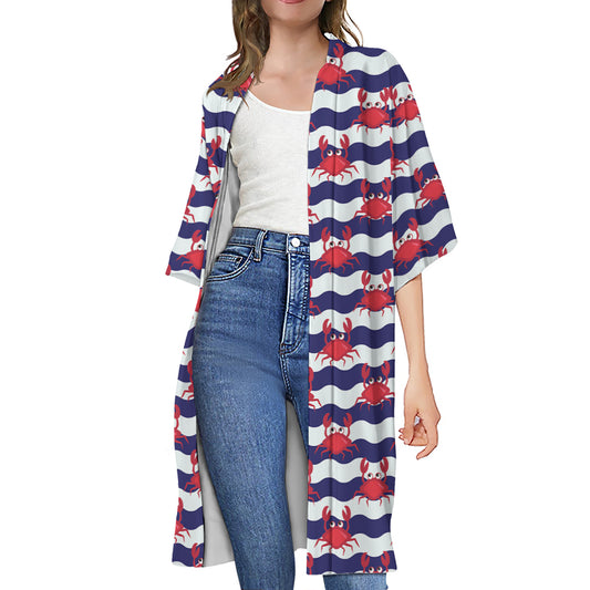 Blue And White Wave Crab Pattern Print Open Front Beach Cover Up