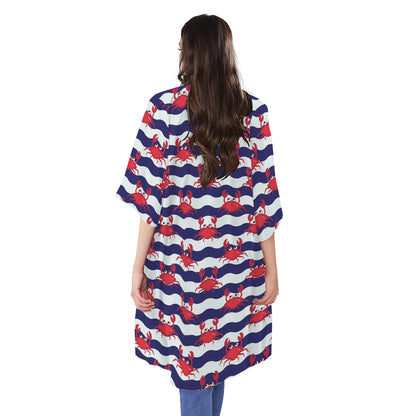 Blue And White Wave Crab Pattern Print Open Front Beach Cover Up