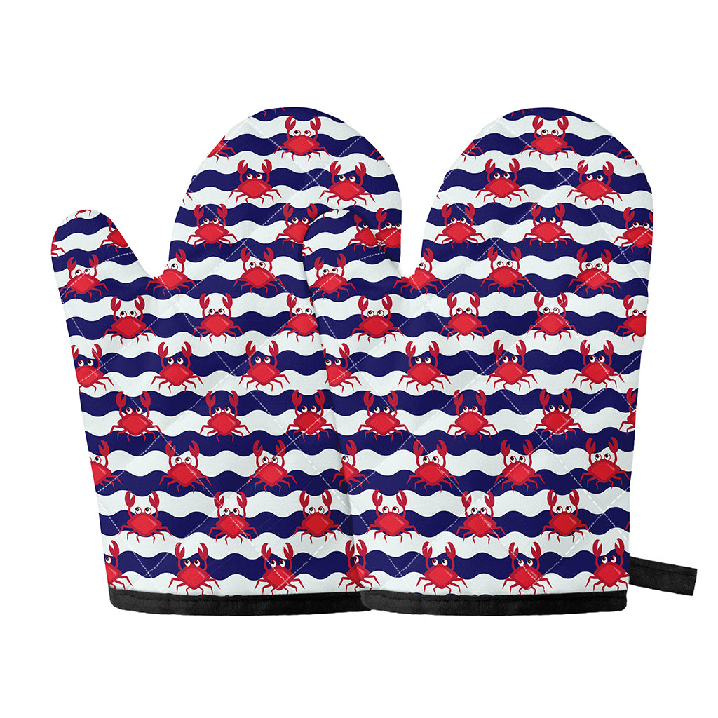 Blue And White Wave Crab Pattern Print Oven Mitts