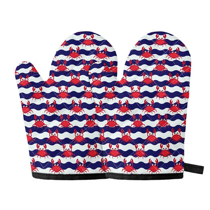 Blue And White Wave Crab Pattern Print Oven Mitts
