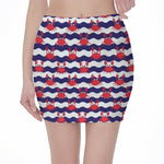 Blue And White Wave Crab Pattern Print Pencil Mini Skirt