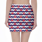 Blue And White Wave Crab Pattern Print Pencil Mini Skirt