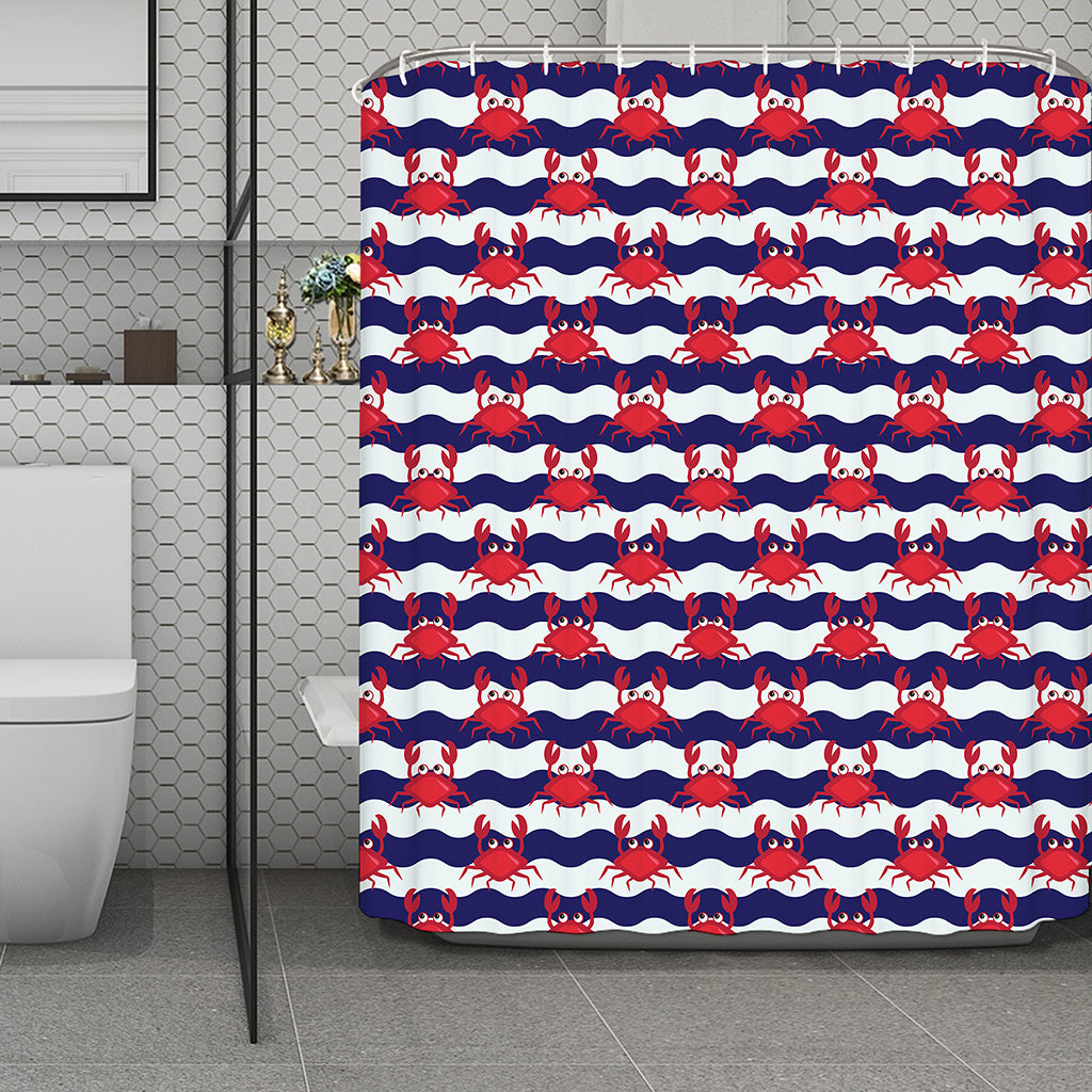 Blue And White Wave Crab Pattern Print Polyester Shower Curtain