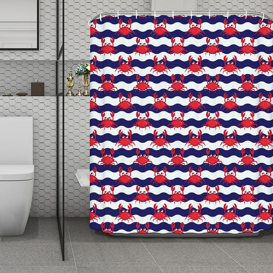 Blue And White Wave Crab Pattern Print Polyester Shower Curtain